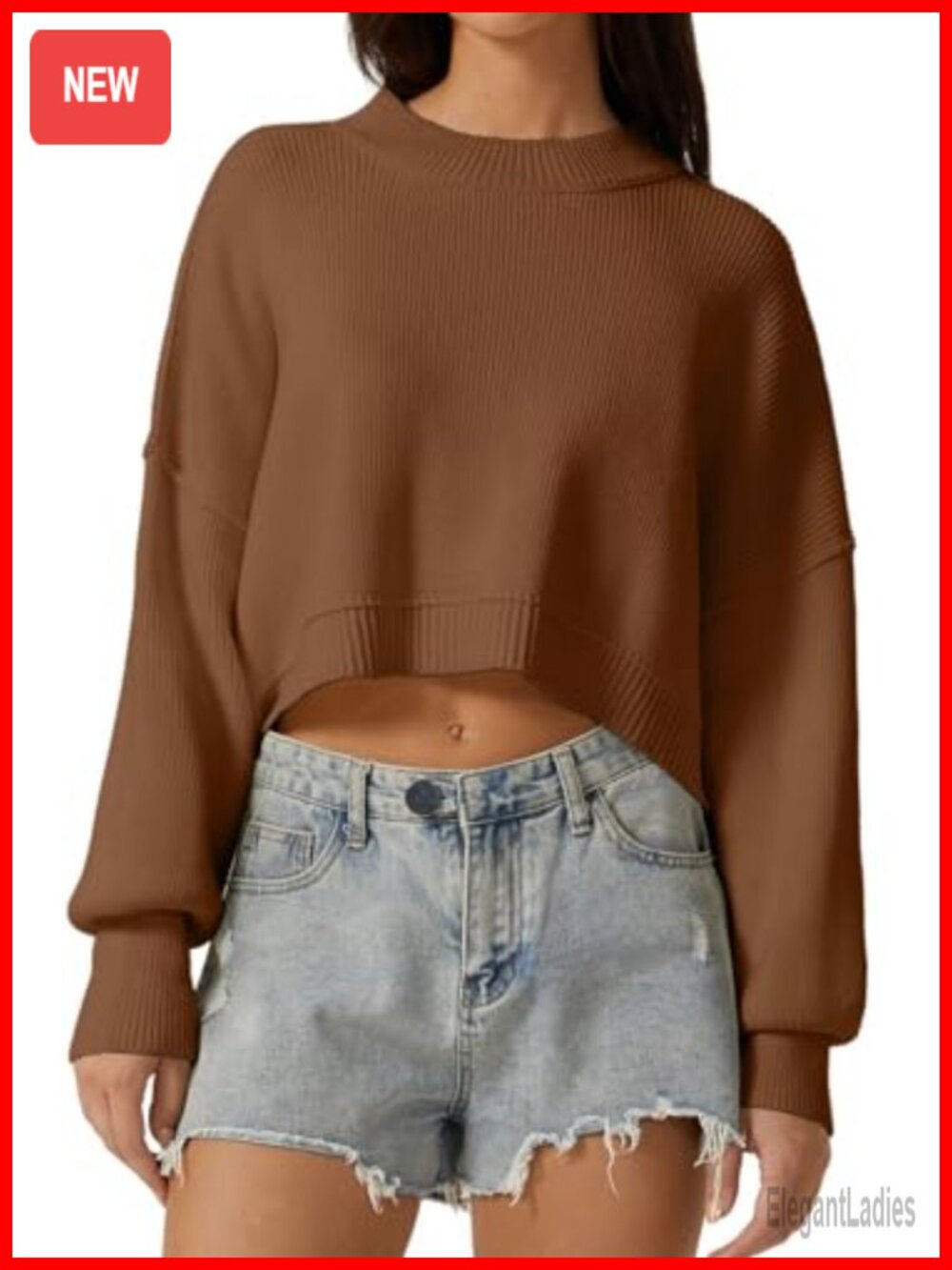 Women's Mock Neck Cropped Ribbed Knit Pullover Sweater